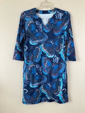 Sun Protection Midi Dress UPF 50+ UV Quick Dry Butterfly Print Beach Resort Blue